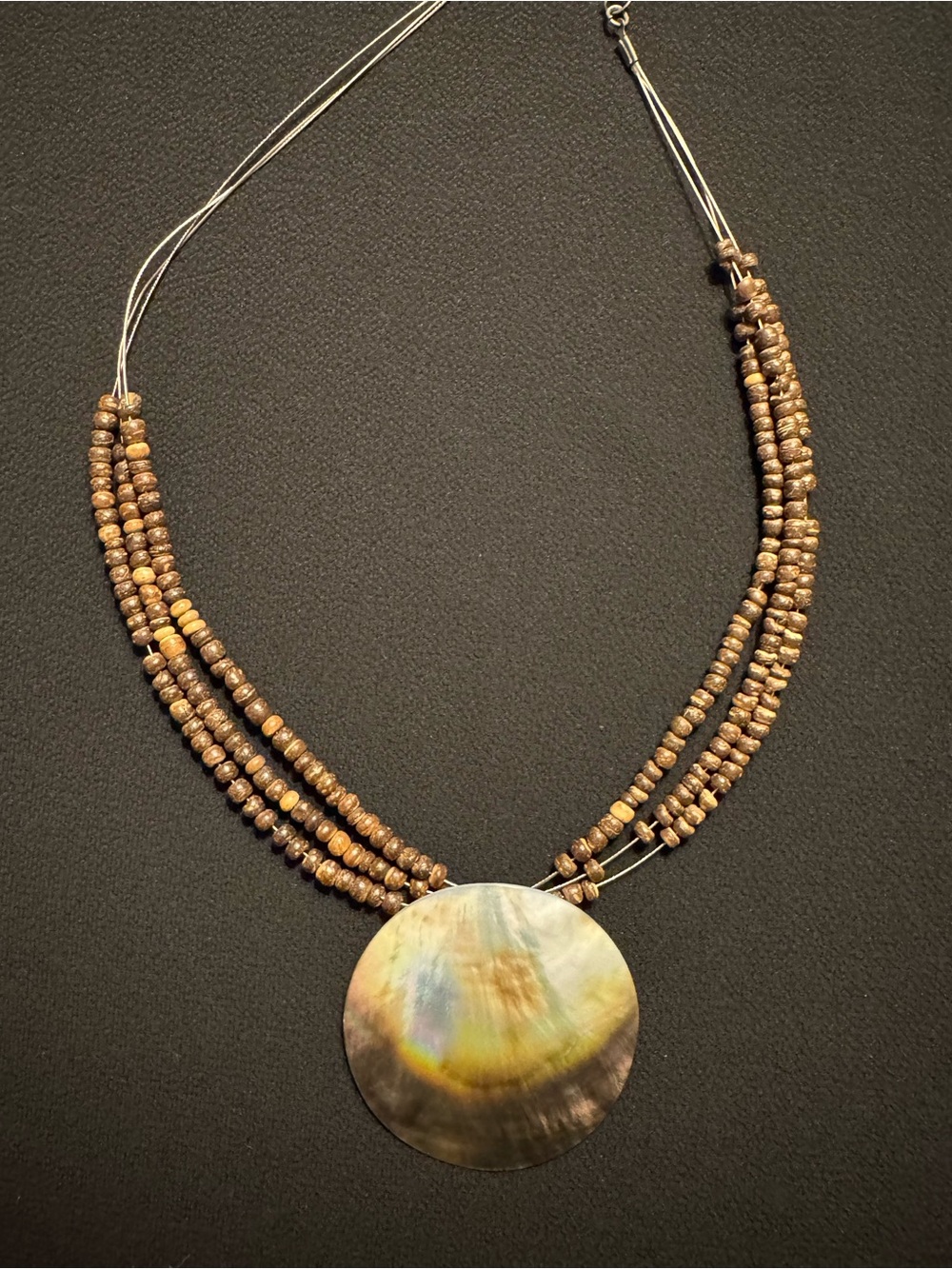 Large Abalone Shell Pendant 3 Strand Wood Bead Boho Necklace